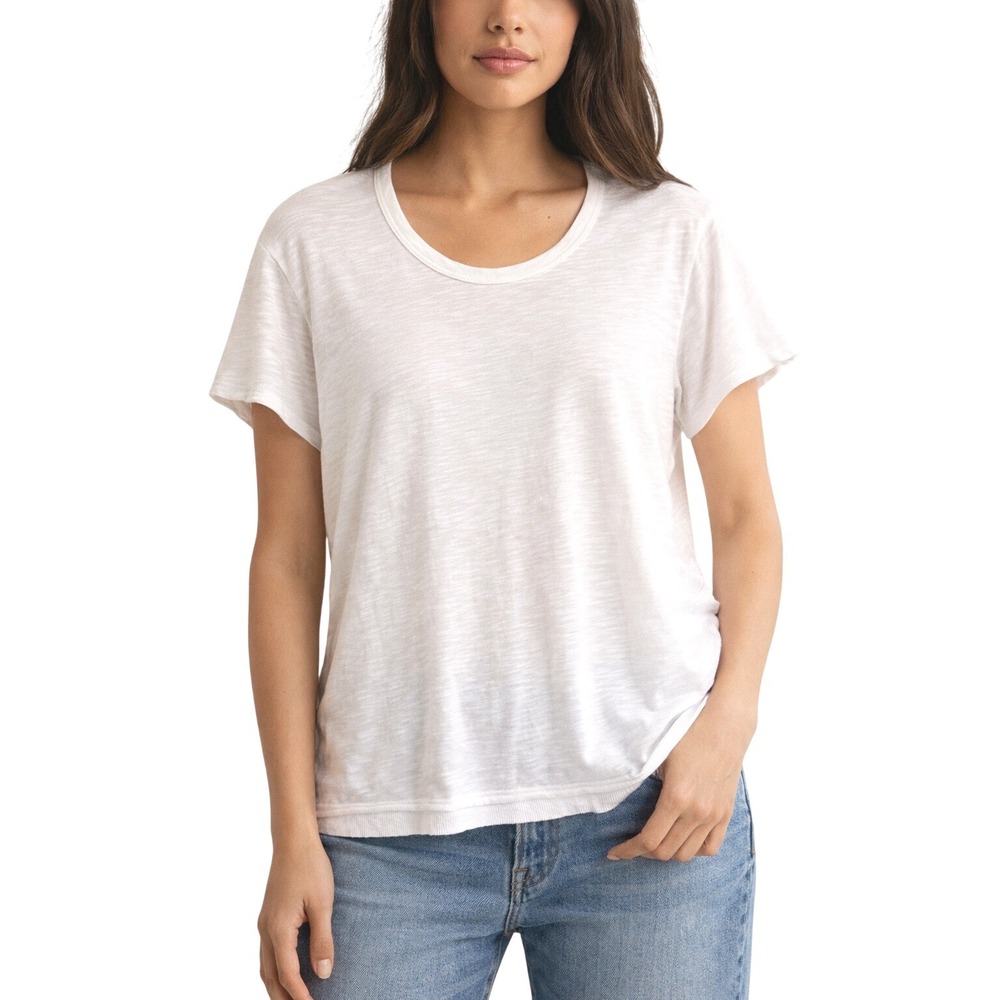 Wilt T-Shirt Short Sleeve Slub Cotton Raw Hem Ribbed Back Scoop Neck White Large